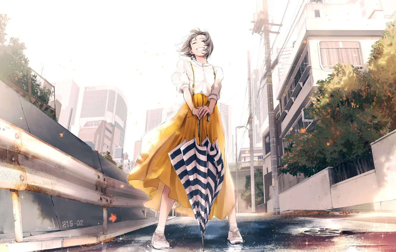 Photo wallpaper smile, posts, home, umbrella, Japan, the fence, girl, striped