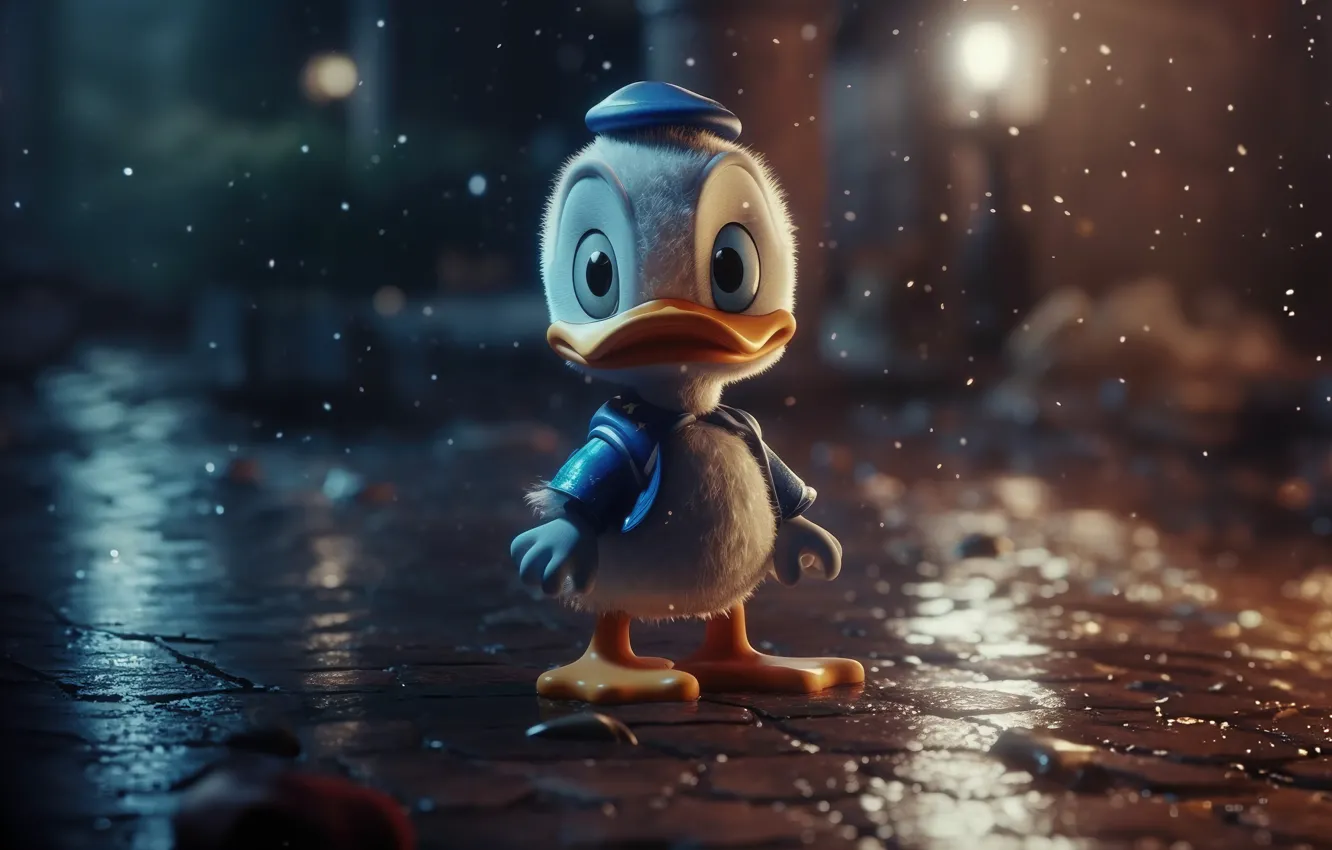 Photo wallpaper rain, cute, Donald Duck, disney/
