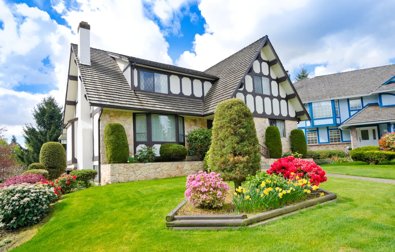 Photo wallpaper flowers, design, lawn, home, flowerbed, mansion