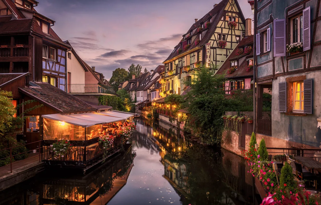 Photo wallpaper the sky, France, home, the evening, channel, cafe, Alsace, Colmar