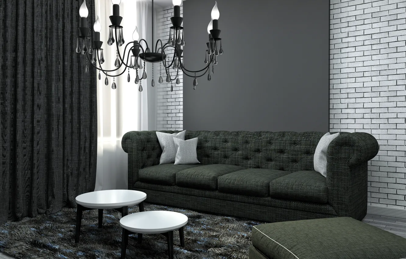 Photo wallpaper sofa, carpet, pillow, chandelier, living room