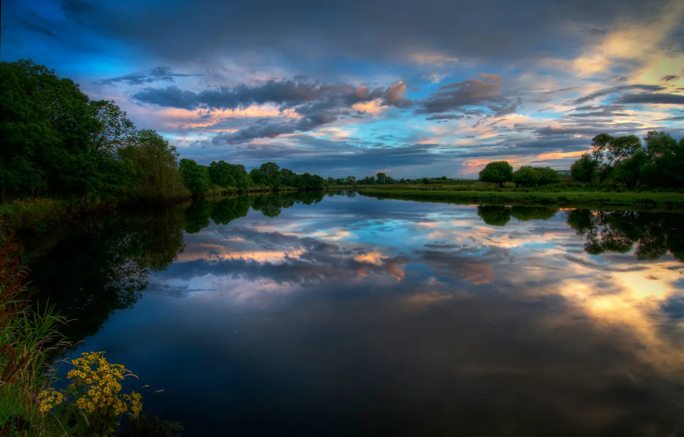 Photo wallpaper clouds, sunset, river, the evening, Ireland