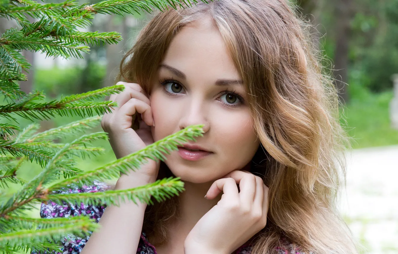 Photo wallpaper look, girl, branches, face, sweetheart, model, hair, spruce