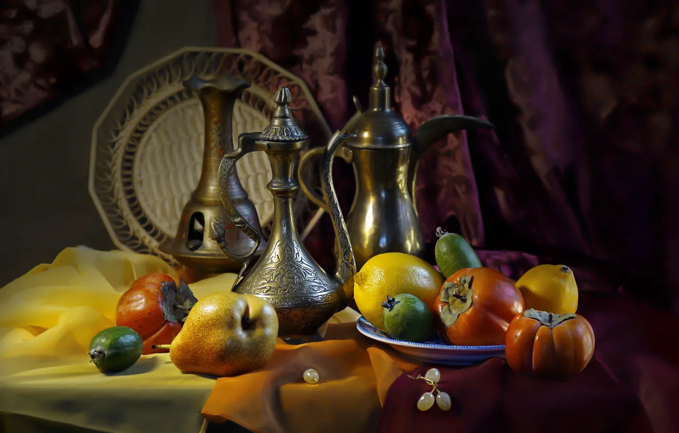 Photo wallpaper lemon, fabric, pitcher, fruit, still life, pear, dish, persimmon