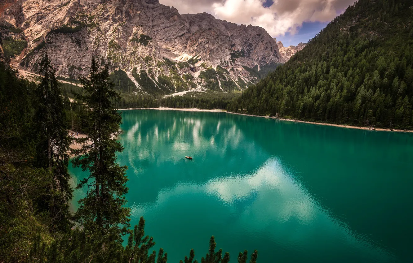 Photo wallpaper mountains, lake, boat, Italy, Italy, water surface, The Dolomites, South Tyrol