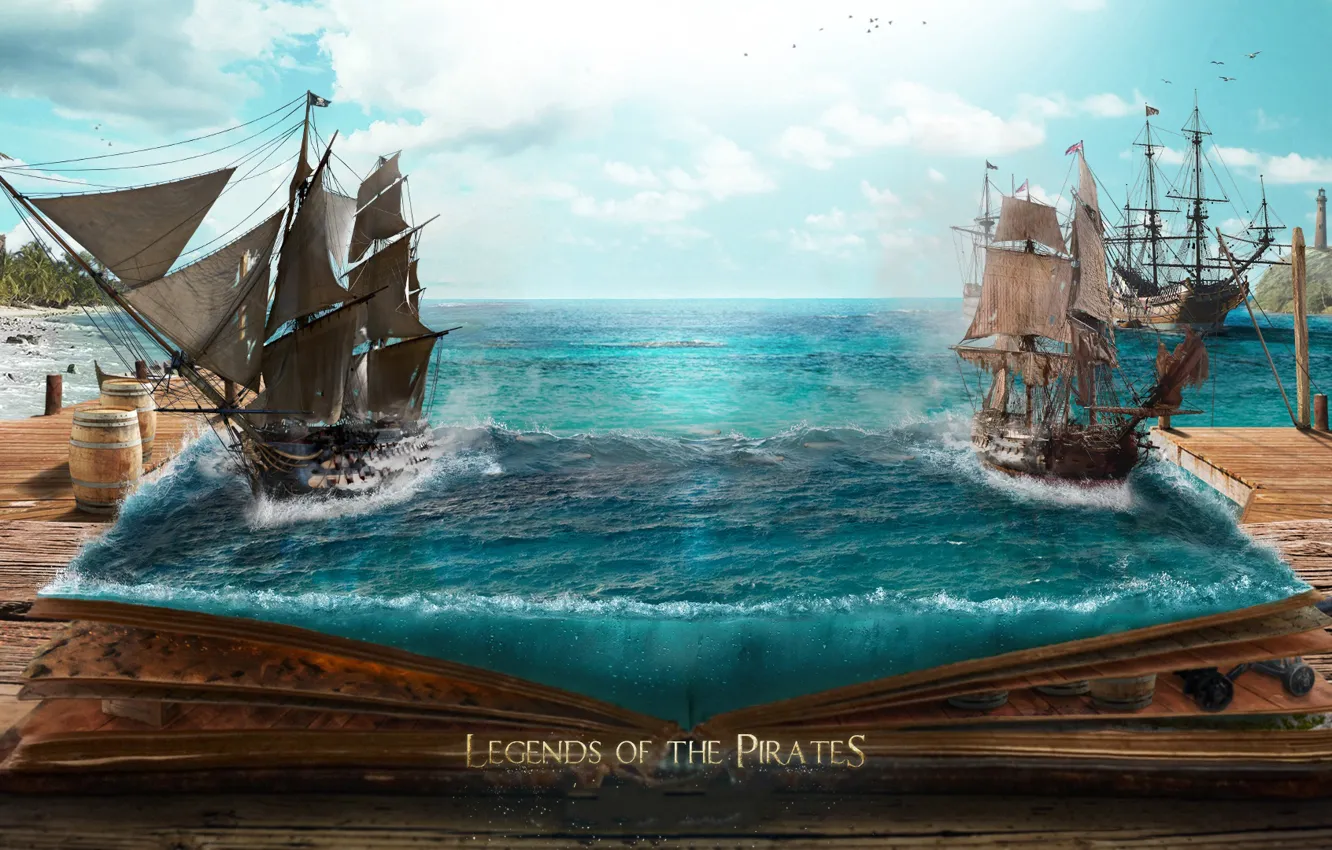 Photo wallpaper sea, the sky, ships, book, pirates, sailboats, photo art