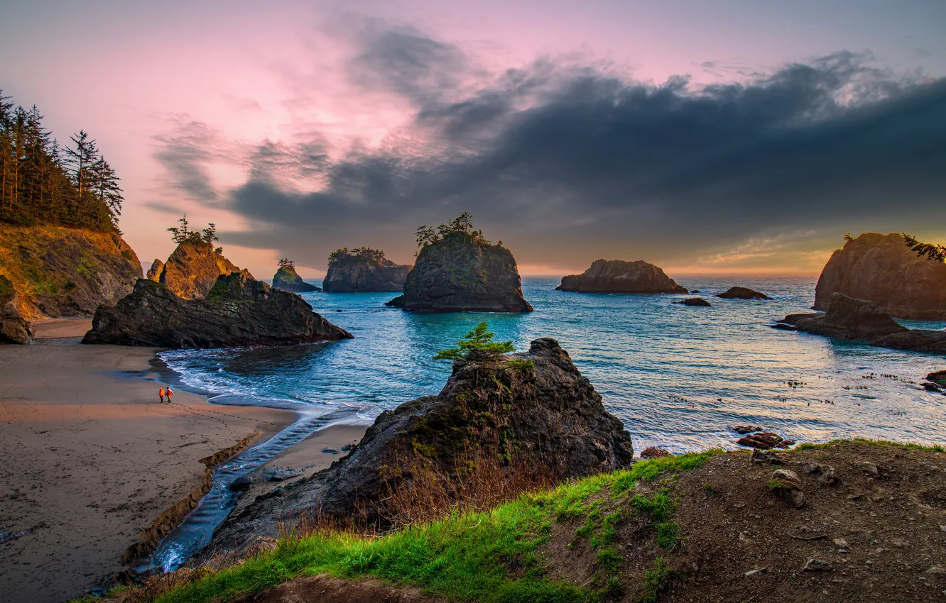 Photo wallpaper sand, sea, beach, trees, clouds, rocks, shore, people