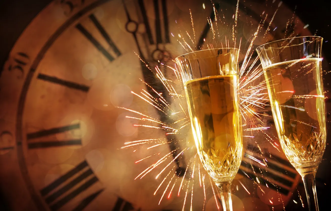Photo wallpaper lights, glare, background, holiday, watch, glass, new year, salute
