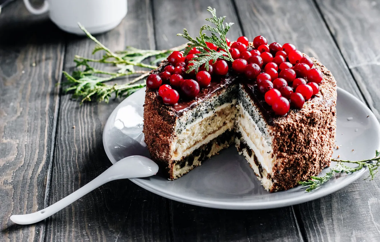 Photo wallpaper berries, table, Board, plate, pie, spoon, cake, needles