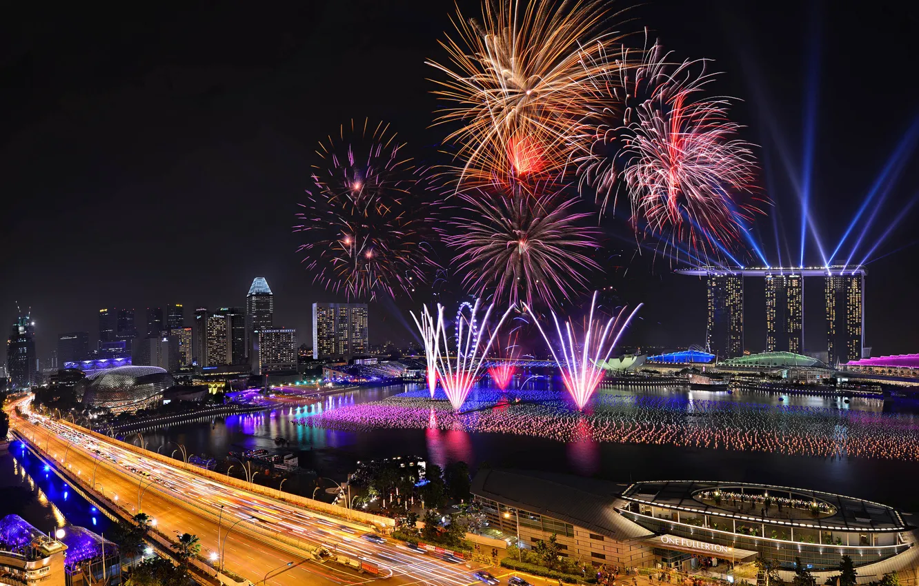 Photo wallpaper night, lights, holiday, Singapore, fireworks, the hotel