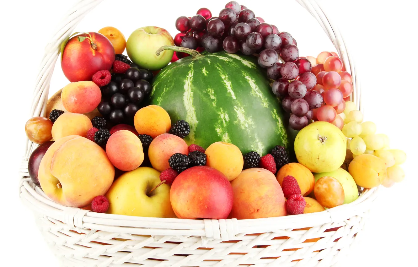 Photo wallpaper berries, raspberry, basket, apples, watermelon, grapes, fruit, peaches