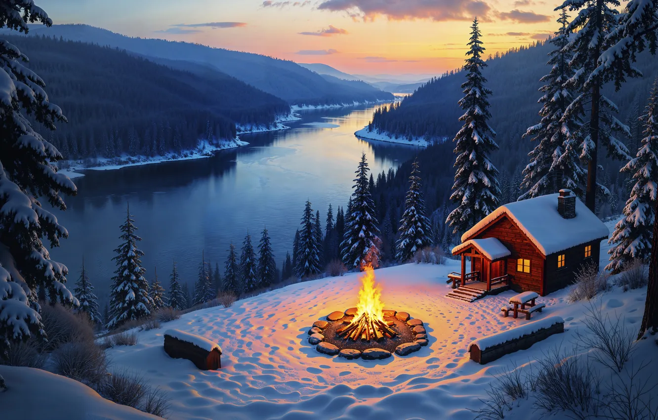 Photo wallpaper winter, forest, snow, mountains, river, tree, house, house