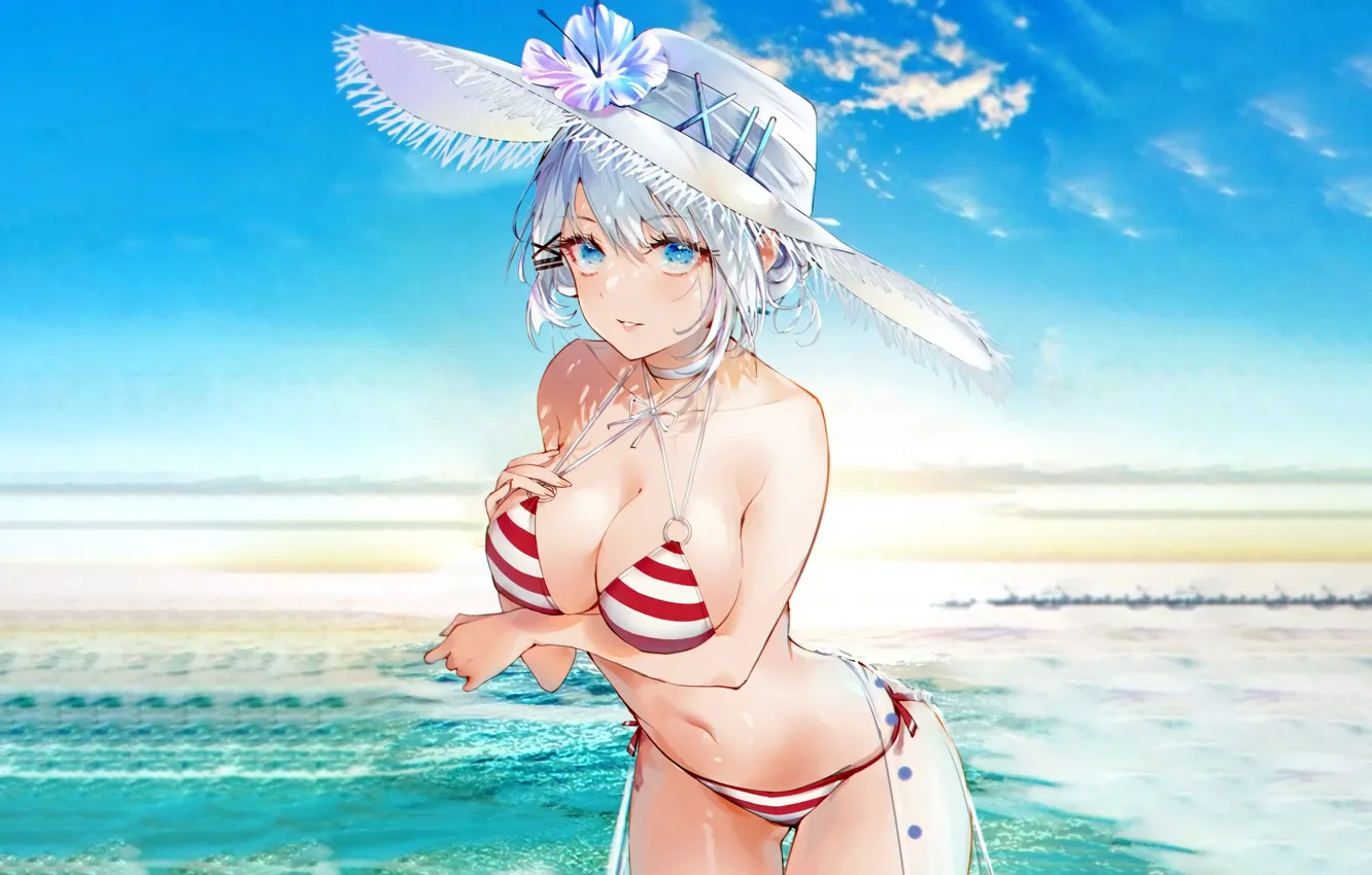 Photo wallpaper girl, sexy, cleavage, flower, sea, boobs, anime, blue eyes