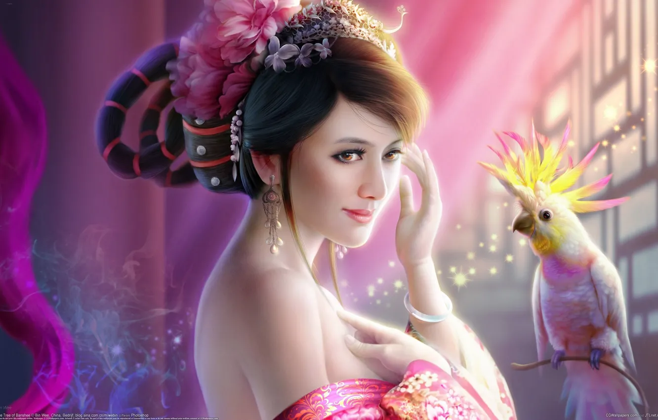 Photo wallpaper girl, decoration, flowers, bird, art, hairstyle, parrot, bin wee