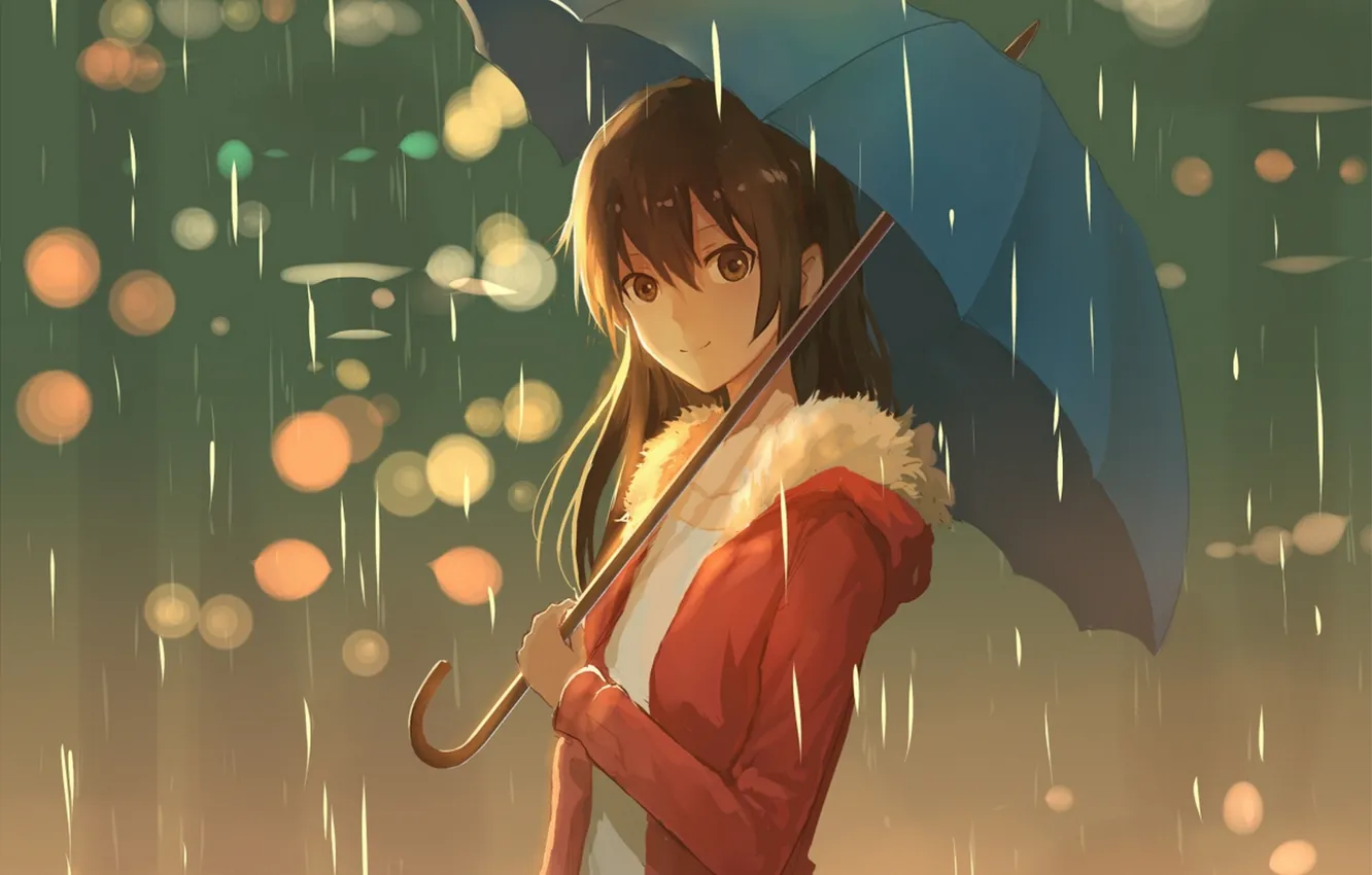Photo wallpaper girl, smile, rain, umbrella, anime, art, lan thu