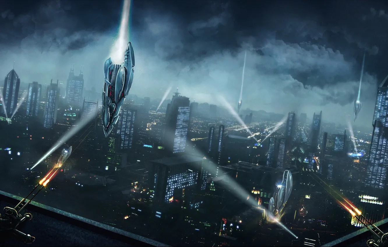 Photo wallpaper night, the city, lights, future, weapons, construction, shot, art