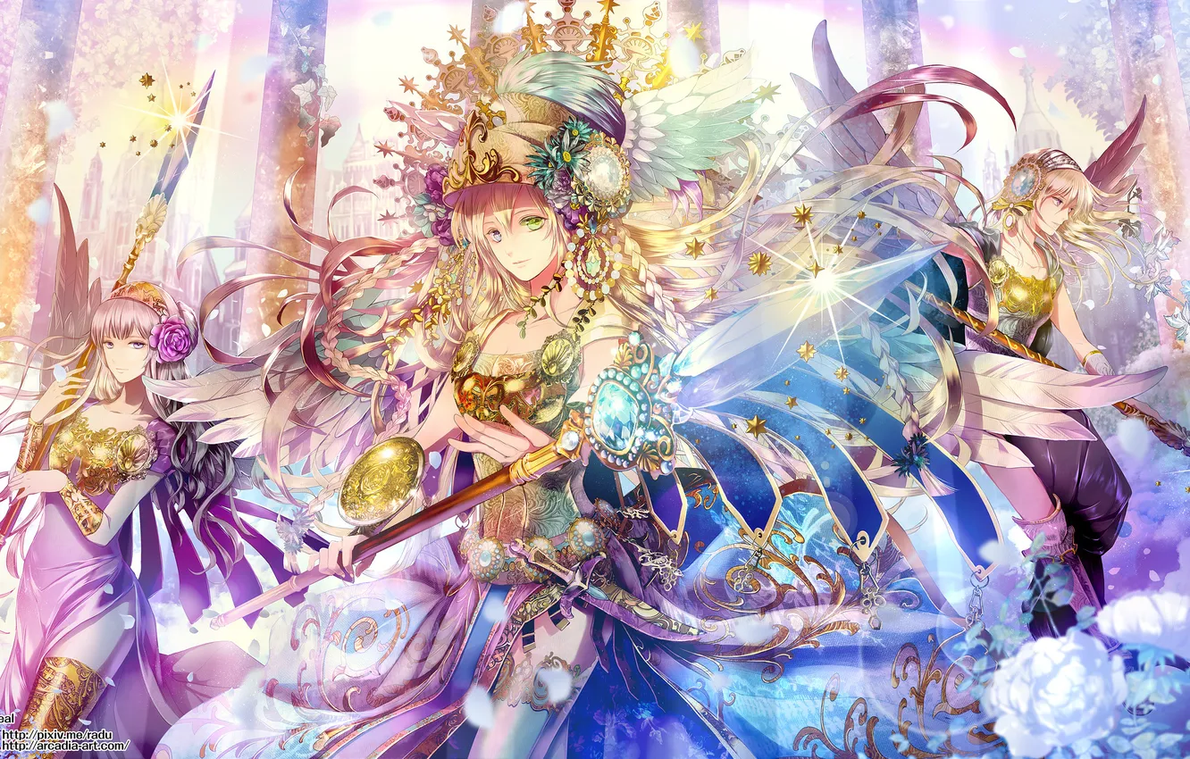 Photo wallpaper girl, flowers, weapons, roses, wings, anime, art, braids