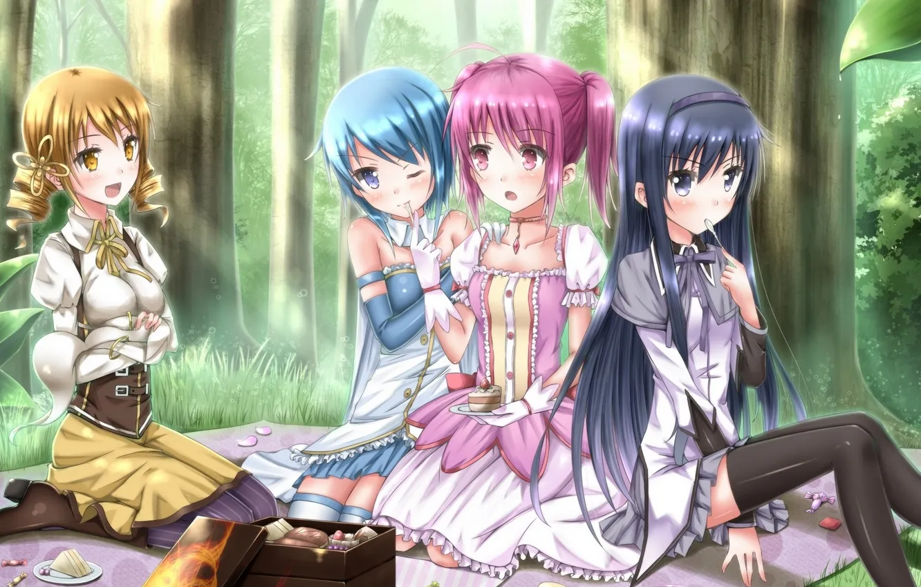 Photo wallpaper forest, leaves, girl, trees, nature, anime, art, cake