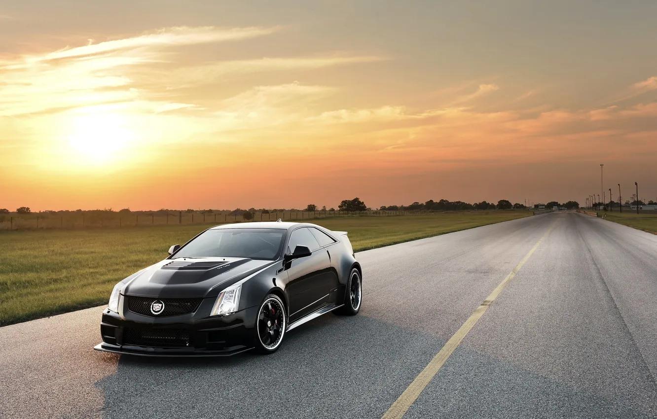 Photo wallpaper the sky, the sun, sunset, black, Cadillac, CTS-V, Cadillac, Hennessey