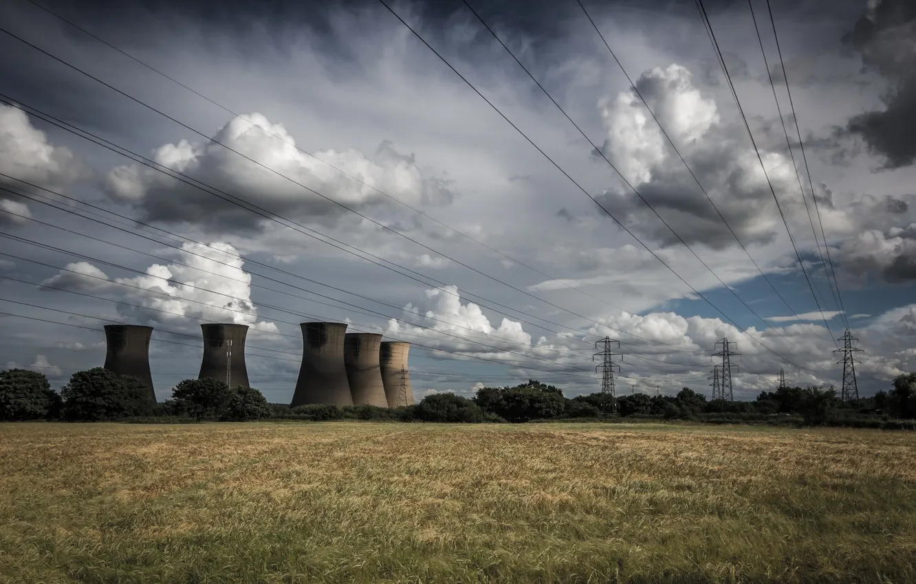 Photo wallpaper field, landscape, pipe, power lines