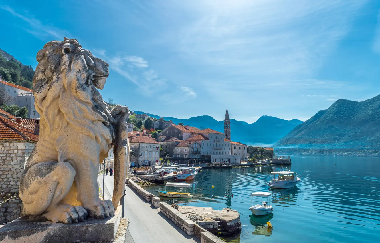 Photo wallpaper water, mountains, boat, home, Leo, statue, Montenegro, The Adriatic sea