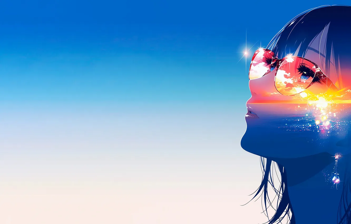 Photo wallpaper girl, summer, sea, sunset, blue, anime, glasses, vacation
