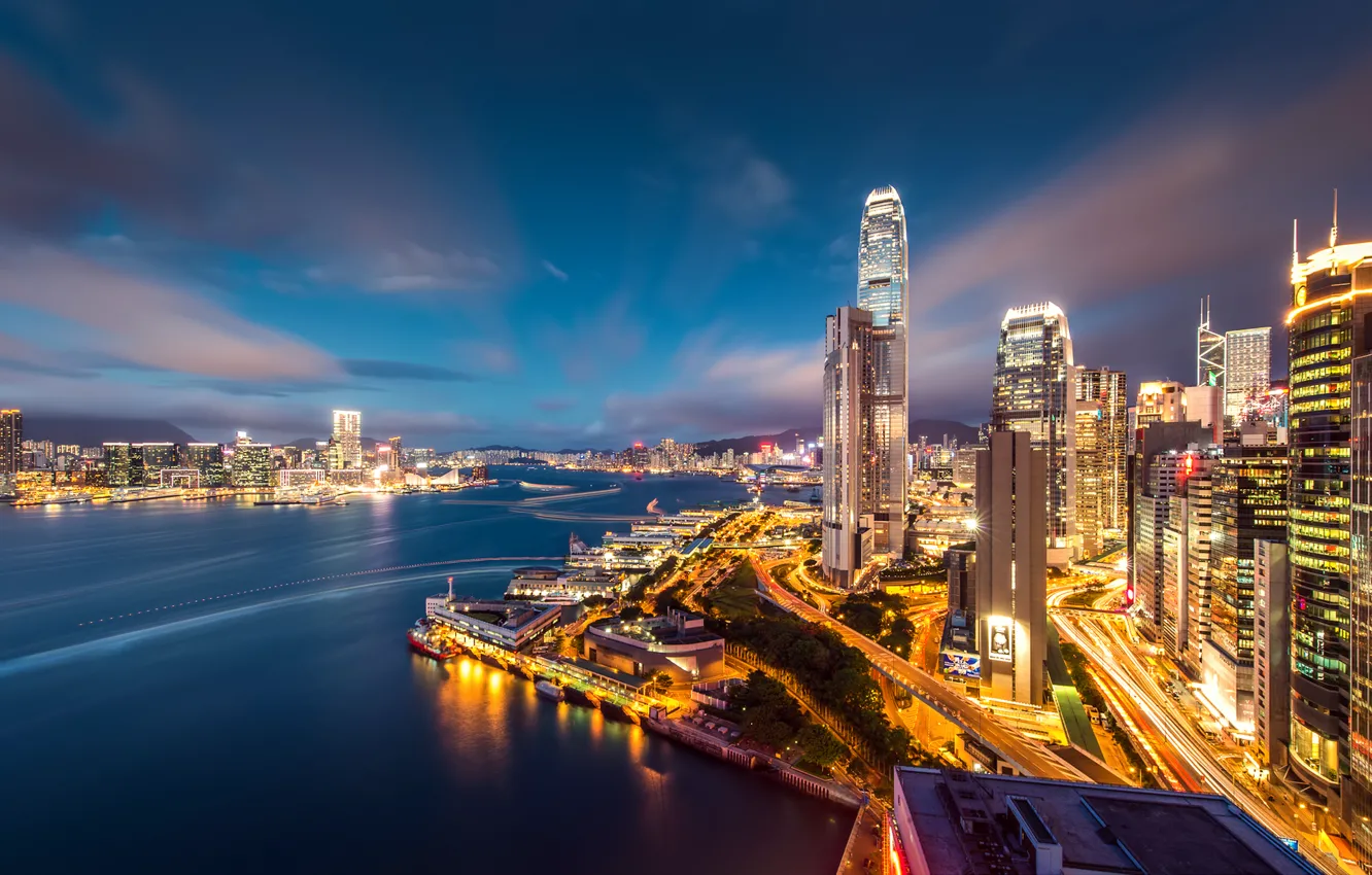 Photo wallpaper the sky, lights, building, Hong Kong, skyscrapers, the evening, Bay, megapolis