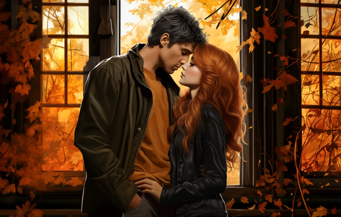 Photo wallpaper autumn, girl, light, love, branches, nature, foliage, passion