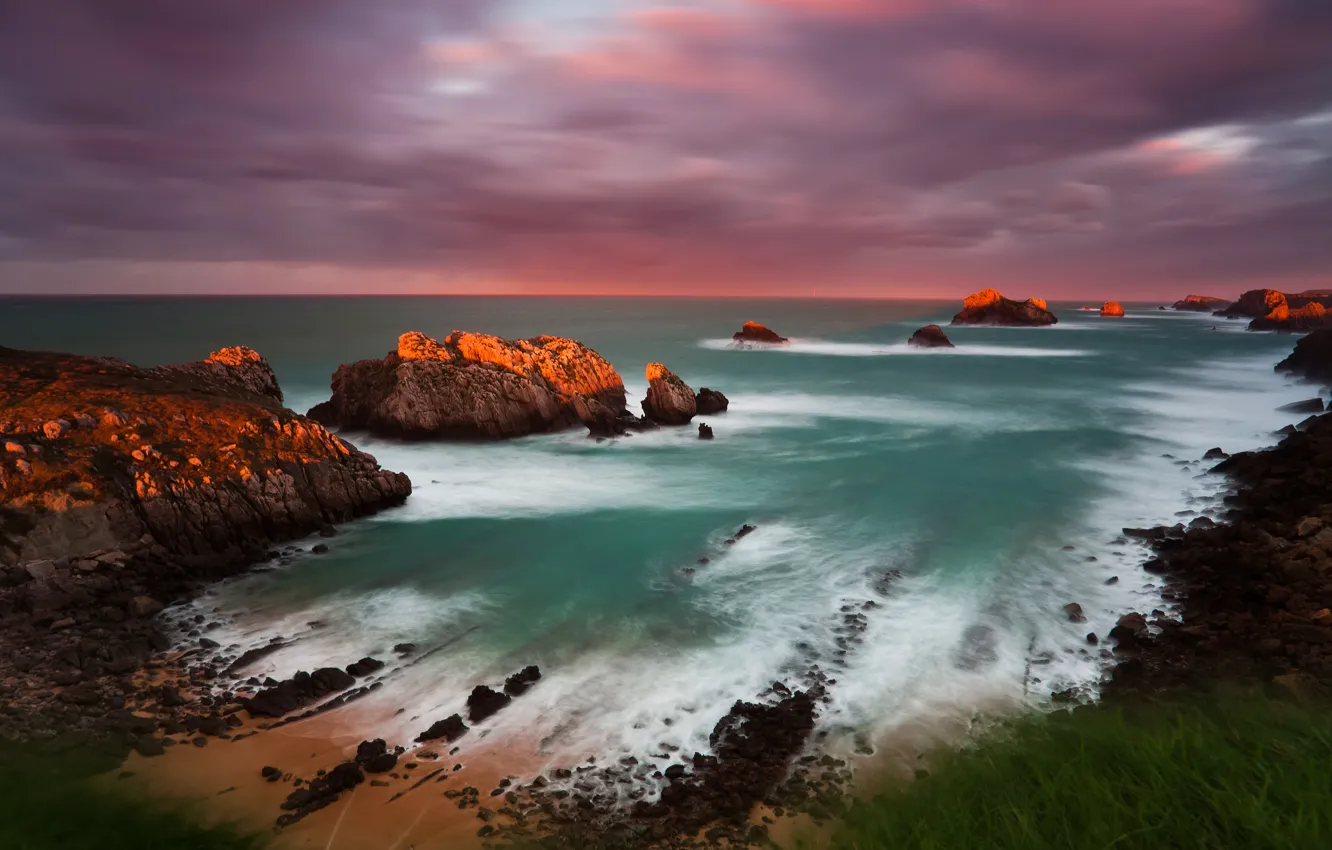 Photo wallpaper sea, light, sunset, stones, the ocean, rocks, coast, Spain