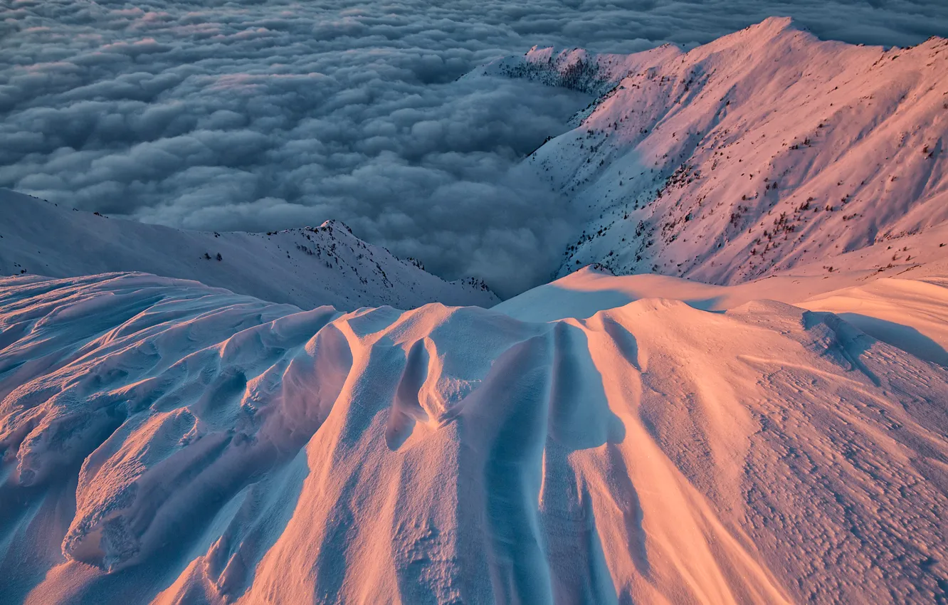 Photo wallpaper clouds, light, snow, Italy, region, Alpine mountains, Piedmont