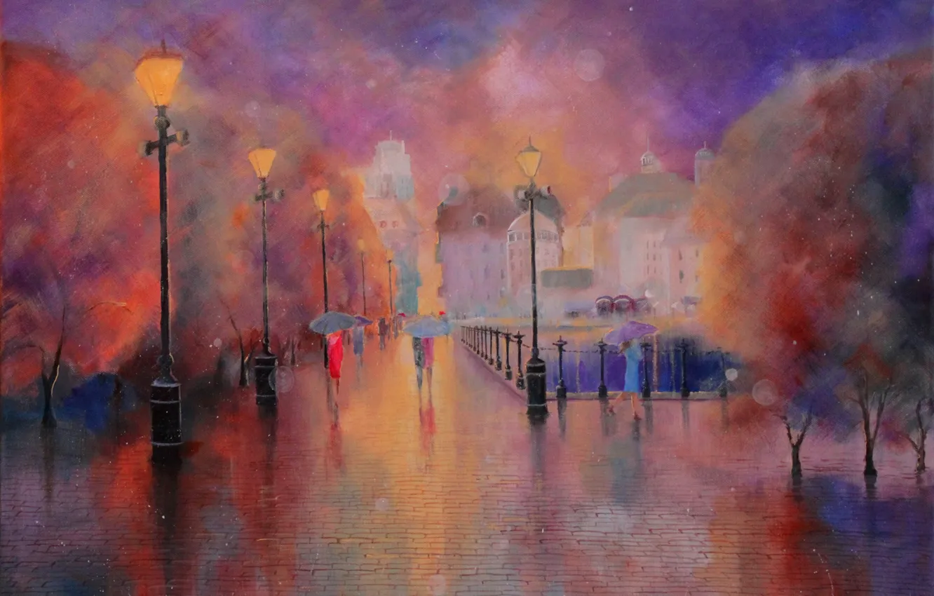 Photo wallpaper trees, landscape, the city, overcast, street, figure, people, picture