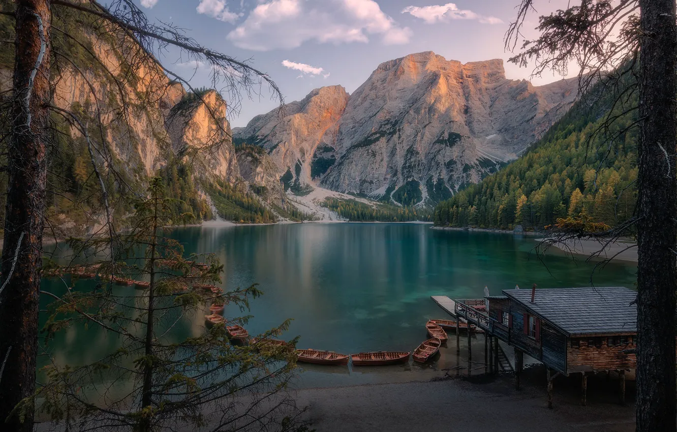 Photo wallpaper autumn, trees, mountains, lake, boats, Italy, Italy, The Dolomites