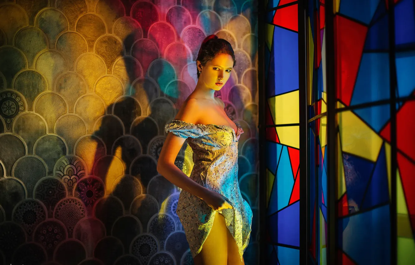 Photo wallpaper look, sexy, pose, wall, model, portrait, shadow, makeup