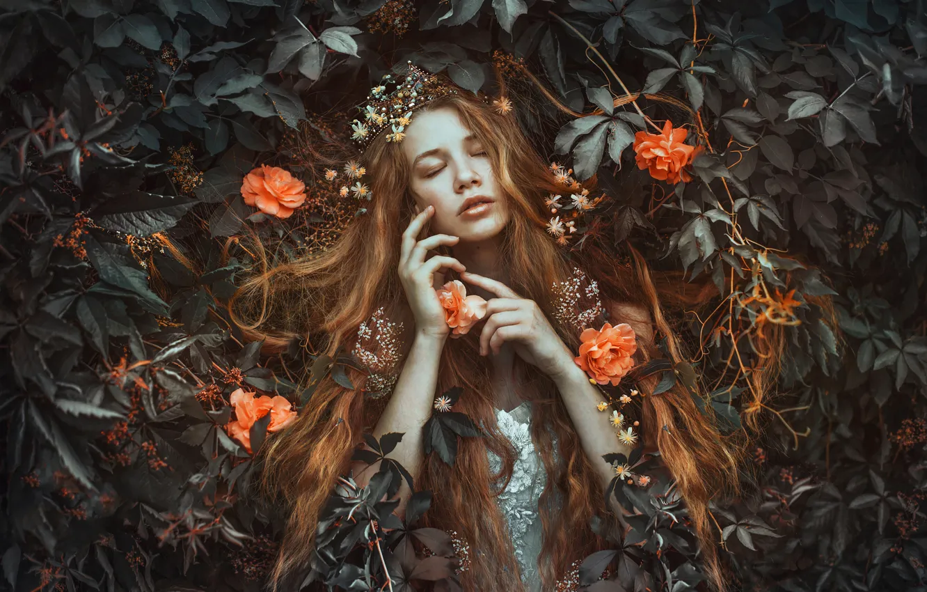 Photo wallpaper leaves, girl, decoration, flowers, orange, face, pose, style