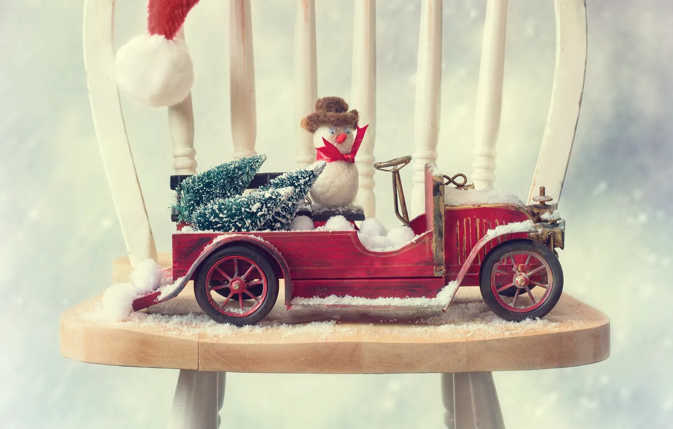 Photo wallpaper machine, auto, chair, snowman, tree