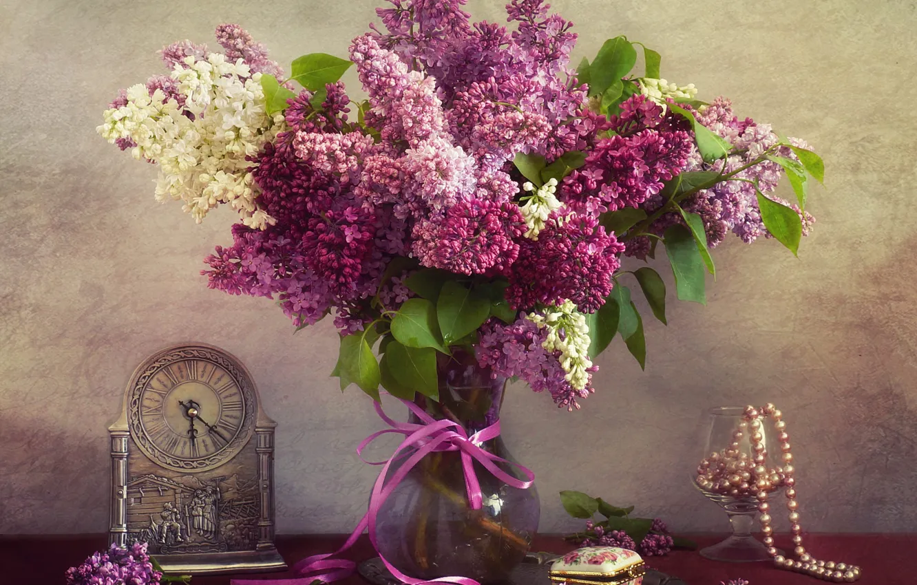 Photo wallpaper white, leaves, flowers, table, watch, glass, bouquet, spring