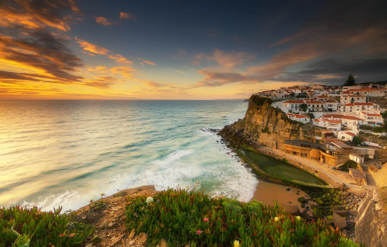 Photo wallpaper landscape, sunset, nature, the ocean, rocks, coast, village, home