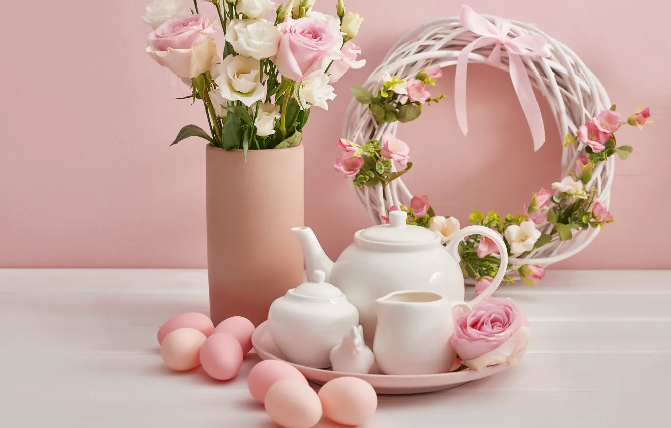 Photo wallpaper flowers, holiday, eggs, spring, Easter, wreath