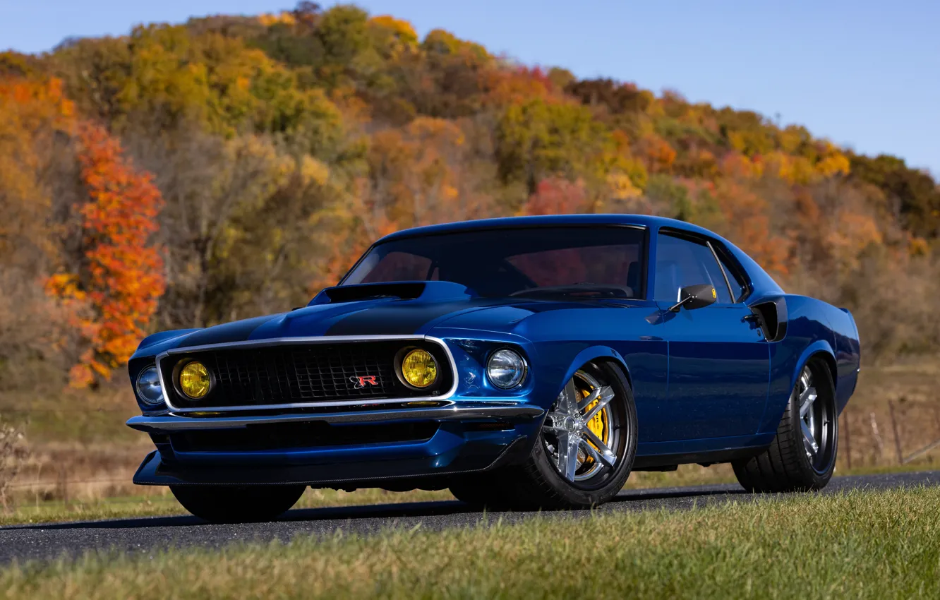 Photo wallpaper Mustang, Ford, 1969, Blue, Road, SEMA, Forest, Ringbrothers