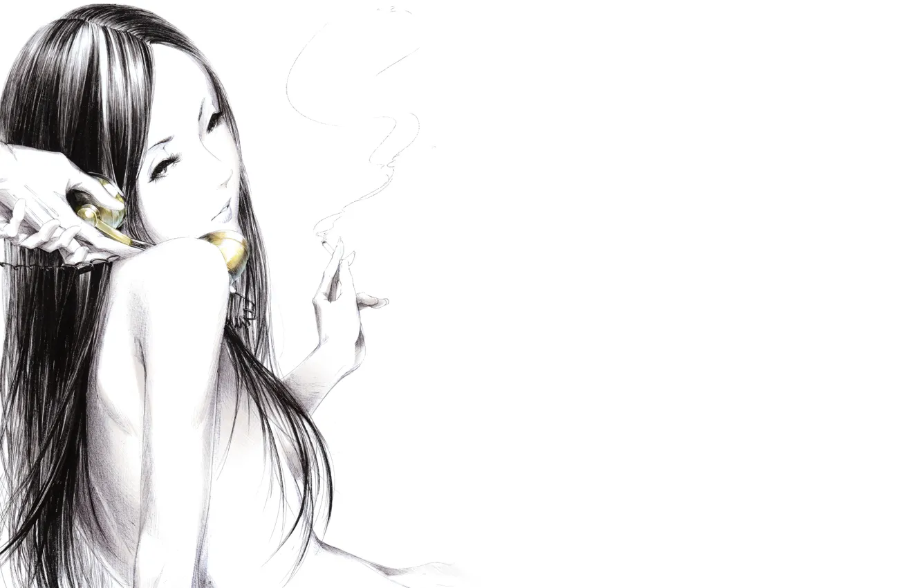 Photo wallpaper girl, smoke, Figure, hands, cigarette, handset, art, Sawasawa