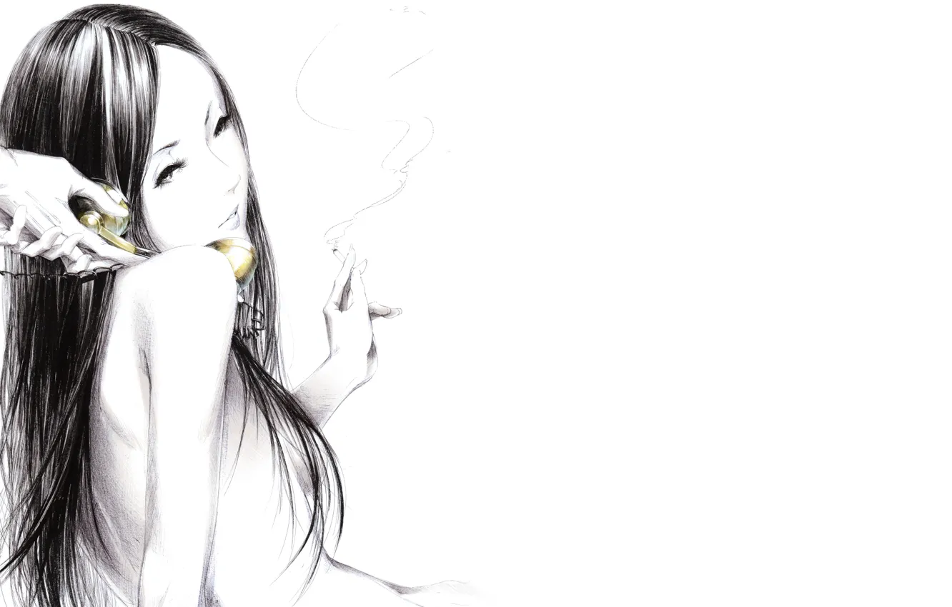 Photo wallpaper girl, smoke, figure, hands, cigarette, handset, art, Sawasawa