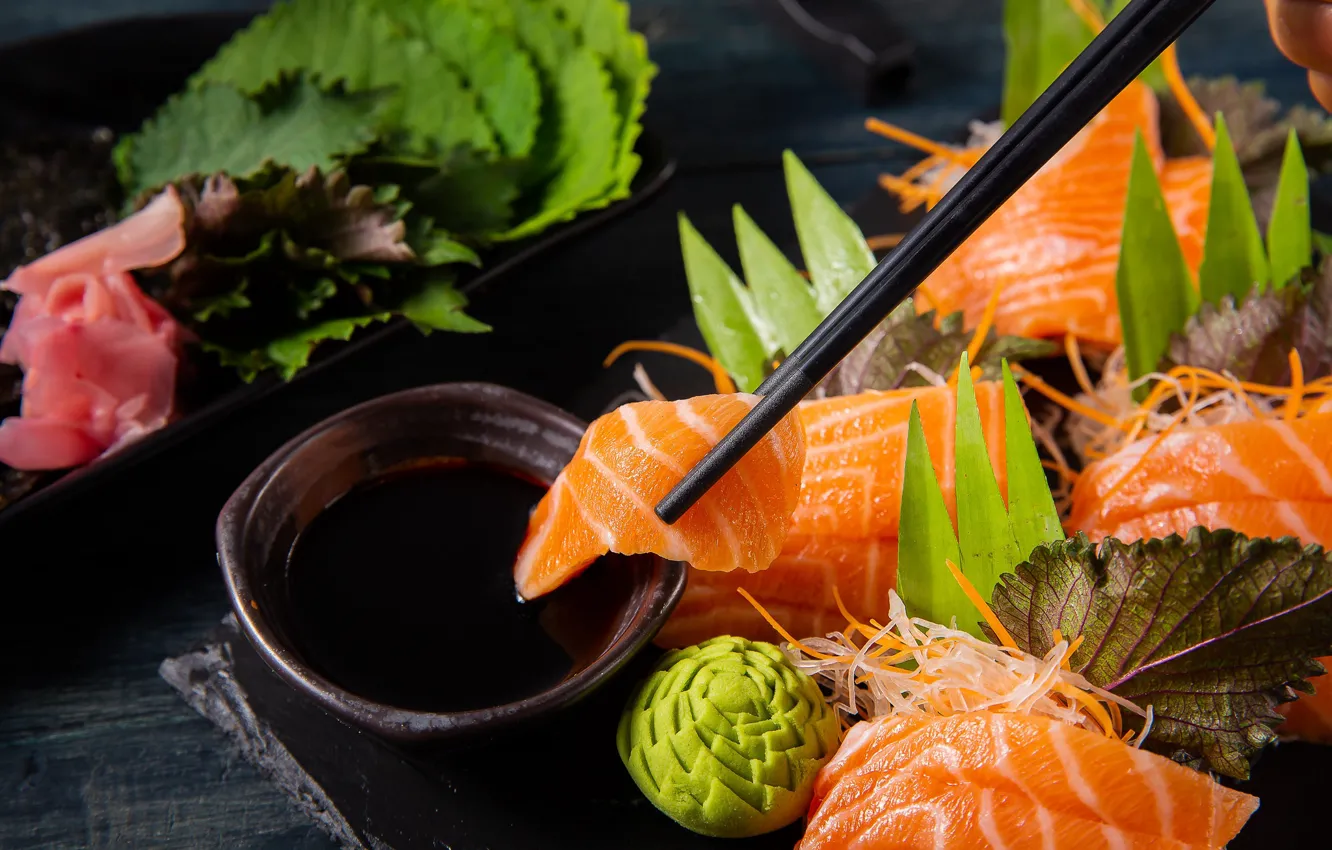 Photo wallpaper fish, sauce, salmon, wasabi