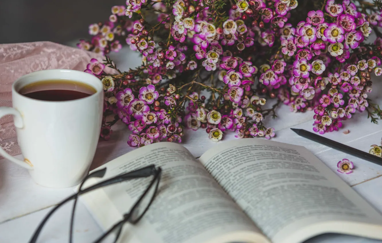 Photo wallpaper flowers, tea, bouquet, Cup, book, reading