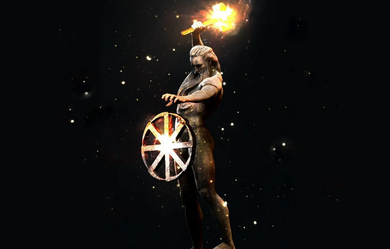 Photo wallpaper lights, flame, hammer, statue, black background, Svarog, Slavic God, Sasha, Gregerman