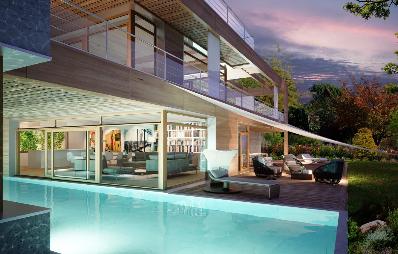 Photo wallpaper pool, Switzerland, villa, luxury, living space