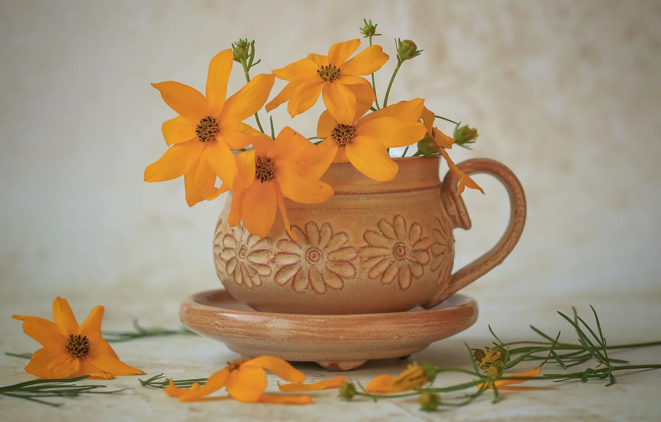 Photo wallpaper flowers, orange, yellow, bouquet, mug, still life, saucer, vase