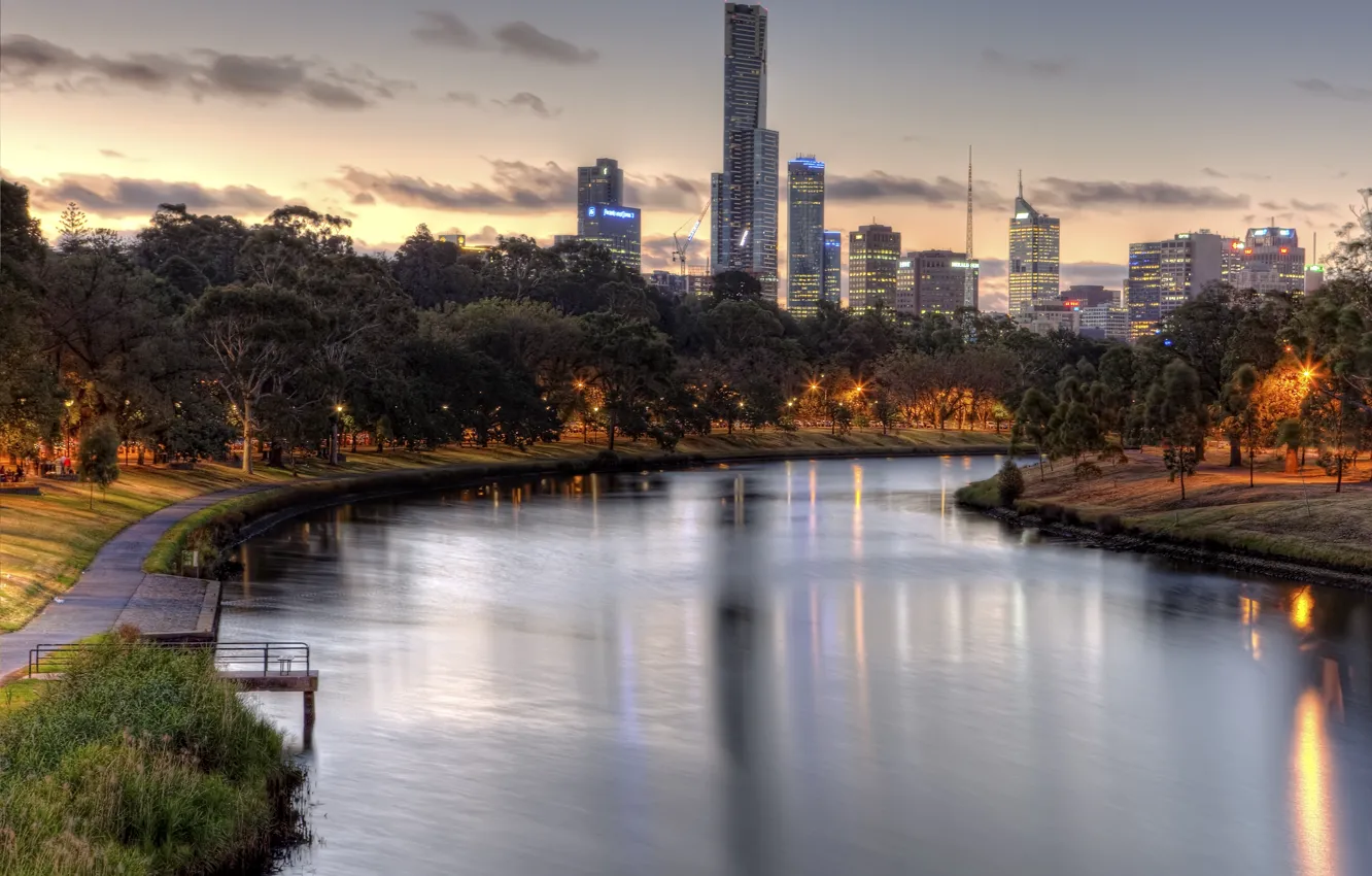 Photo wallpaper trees, river, the evening, lights, Yarra River