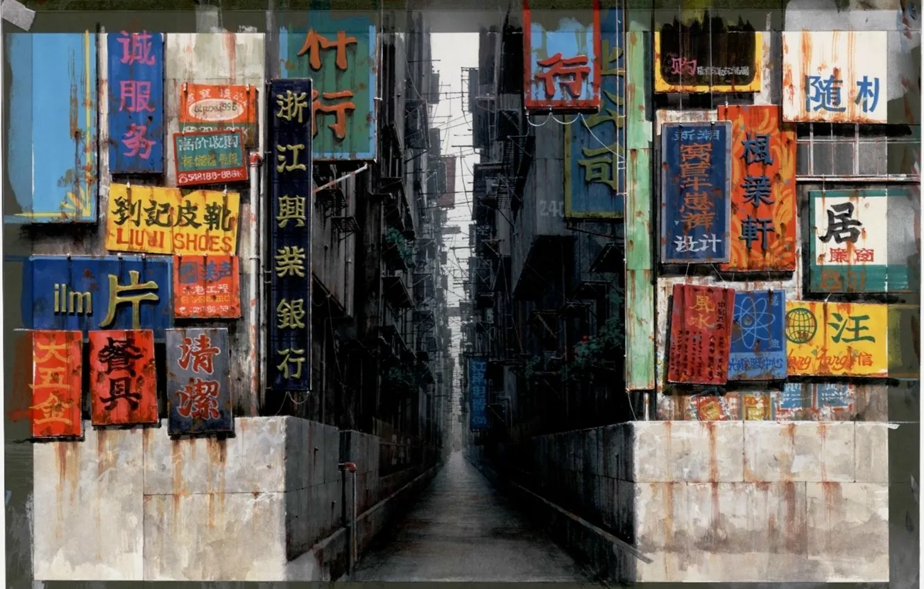 Photo wallpaper the city, street, corridor, characters, signs, Ghost in the shell, art, narrow