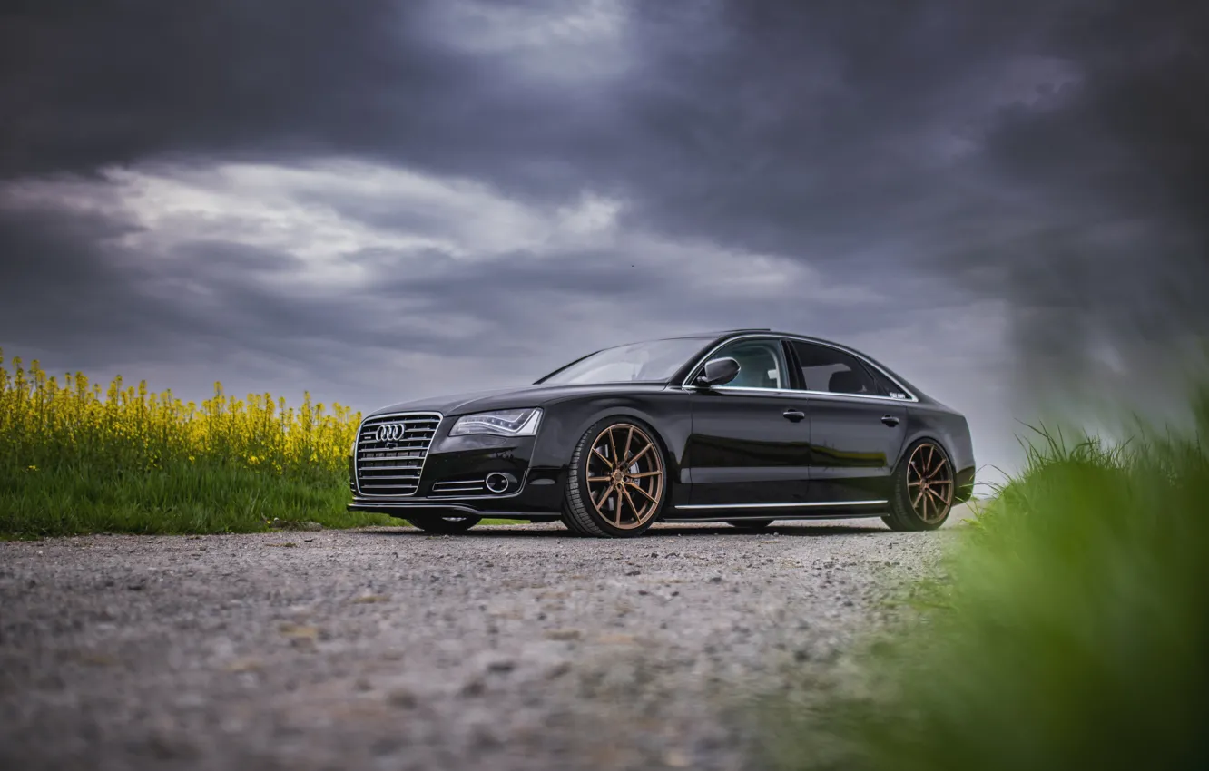 Photo wallpaper Audi, Clouds, Grass, Black, Sedan, VAG, Luxure, V8TT