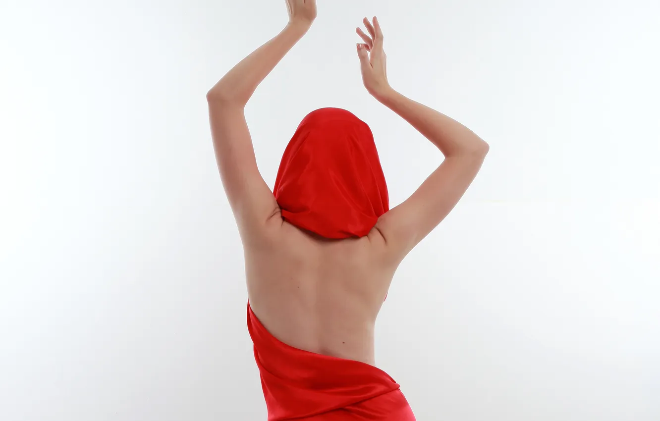 Photo wallpaper girl, red, pose, background, back, hands, fabric